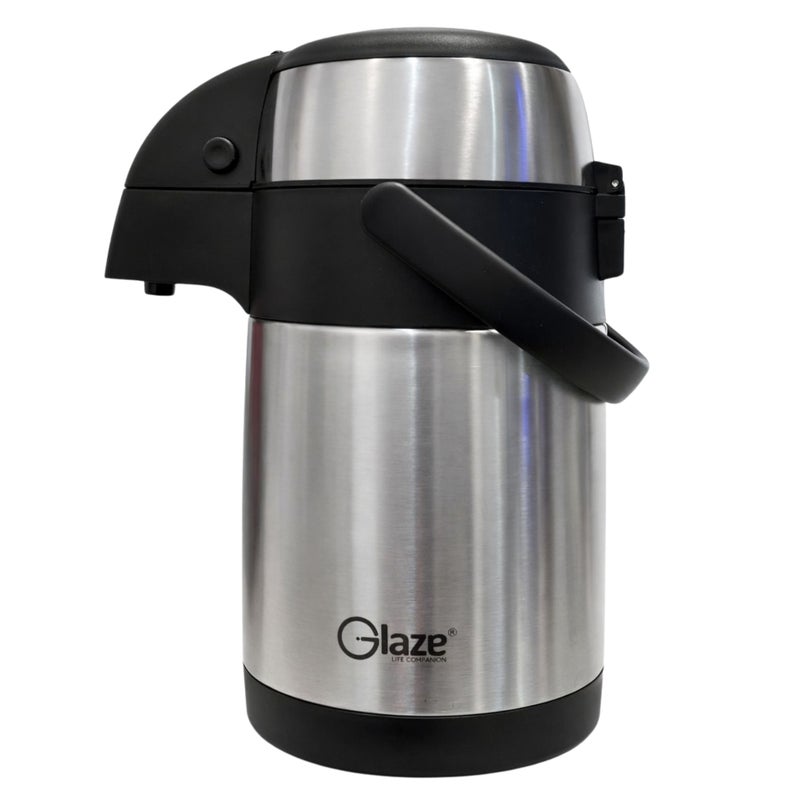 جليز ترمس حراري سعة 3 لترات، مصنوع من الفولاذ المقاوم للصدأ، موزع مشروبات حراري - يحافظ على الماء الساخن والبارد لمدة 24 ساعة، ويحفظ الشاي والقهوة، مزود بمضخة ضغط، وحامل معزول بمقبض - Image 1